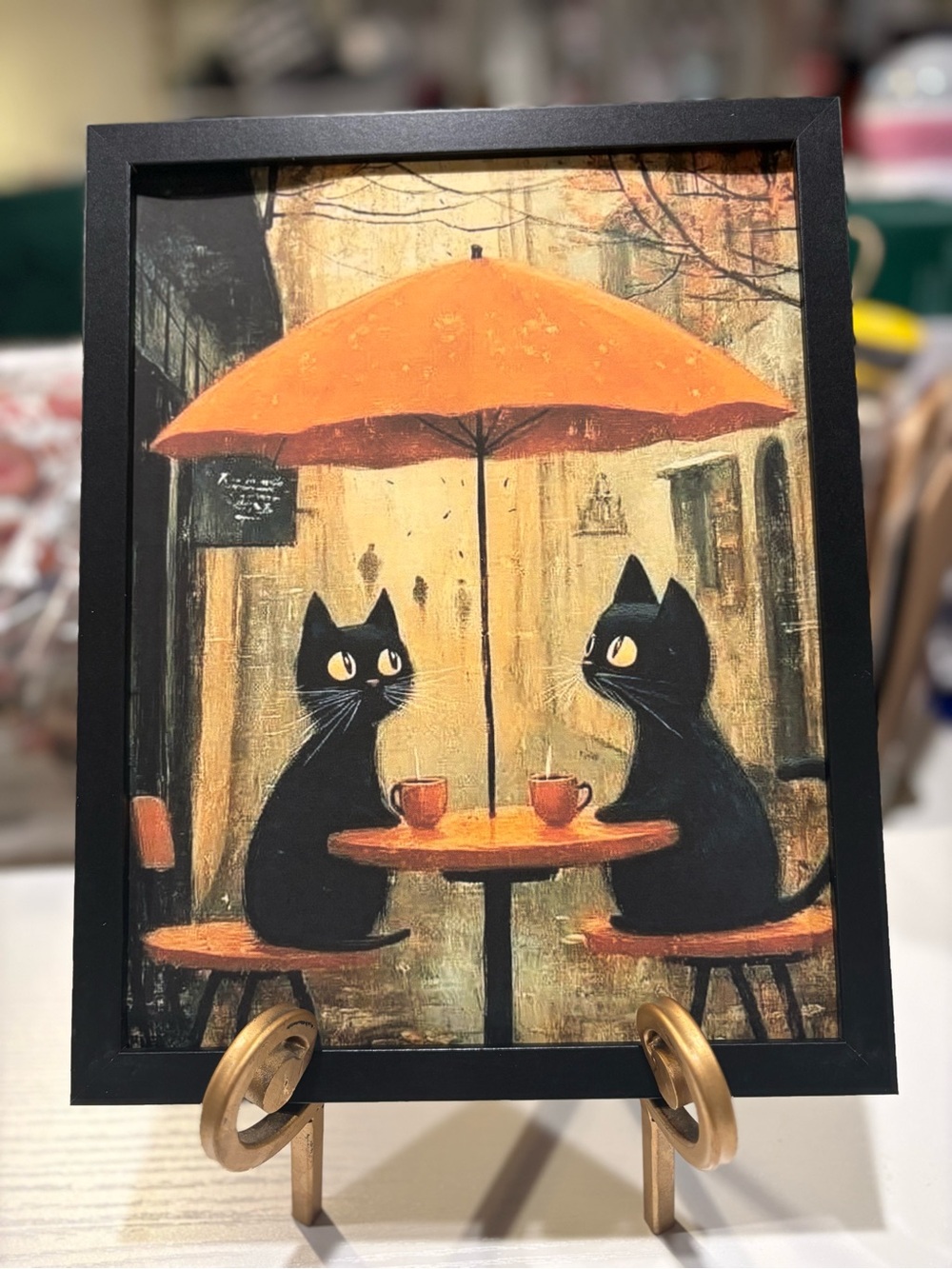 Whimsical Black Cats Under Orange Umbrella Framed 8x10 Art